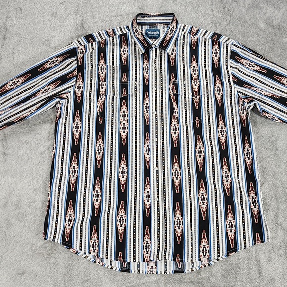 Wrangler Western Shirt Mens XL Black Aztec Stripe Pearl Snap Long Sleeve Cotton - Picture 2 of 14